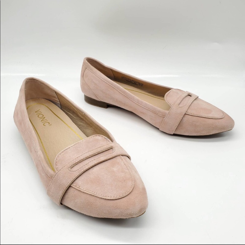 Vionic Savannah Point Toe Loafers Pink Suede Slip-on Comfort Support Shoe 8 WIDE